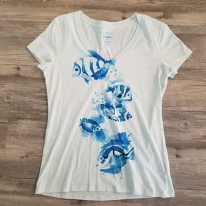 Old Navy Blue Fish V Neck Tee Shirt Size Medium